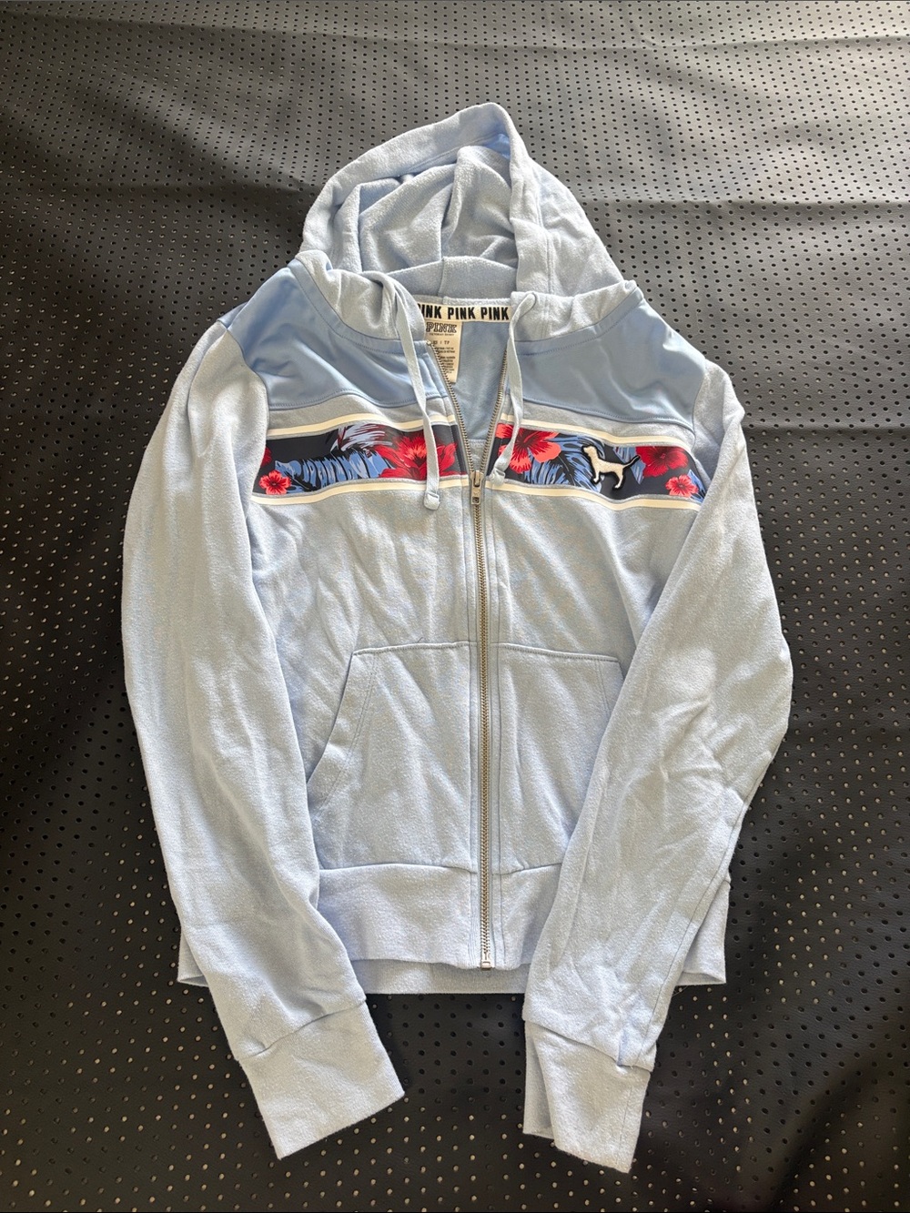 PINK Victoria's Secret Light Blue Zip Hoodie with Floral Stripe
